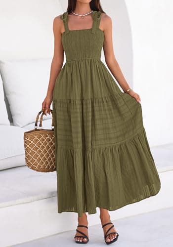 BTFBM Women's 2026 Spring Boho Spaghetti Strap Dress Casual Sleeveless Smocked A Line Beach Sundress Long Maxi Dresses(Army Green, Large) - Thumbnail 6