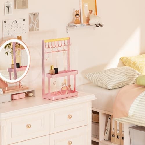 Lolalet 4-Tier Jewelry Organizer Stand with 12 Hooks, Necklace Bracelet Ring & Sunglasses Holder, Cute Metal Jewelry Storage Rack for Vanity, Dresser or Entryway, No Assembly -Pink - Thumbnail 2