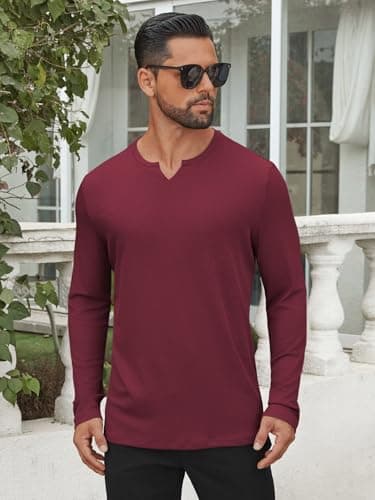 Hardaddy Men's V Neck Long Sleeve Ribbed Casual T-Shirt Classic Basic Solid Tee Shirts Wine Red XXL - Thumbnail 3
