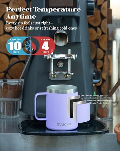 avodvo 12oz Insulated Coffee Mug with Lid – Includes Two Lids, Stainless Steel Coffee Travel Mug with Handle, Double Wall Vacuum Insulated Camping Mug for Home, Office & Outdoor, Light Pink - Thumbnail 2