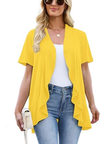 Heymoments Lightweight Cardigan for Women Yellow XX-Large Draped Open-Front Short Sleeve Casual Soft Drape Summer Kimonos Ladies Ruffle Shrug - Image 1