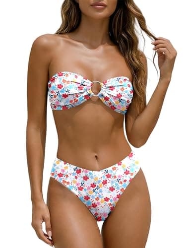 ANRABESS Bikini Sets for Women Bandeau O Ring 2 Piece Swimsuit Floral Halter Tie Back Bathing Suit 2026 Summer Beach Swimwear Red Blue Floral Large