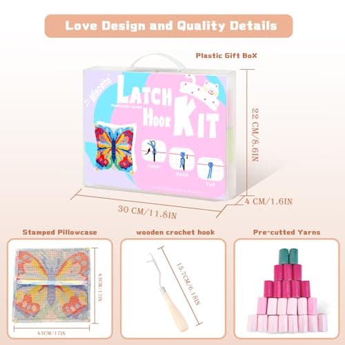 Miaceito Pre-Printed Butterfly Latch Hook Pillow Kits for Adults Beginners, DIY Latch Hook Kits Includes Wooden Hook to Make 17x17 Inch Home furnishings Sofa Decoration - Thumbnail 3