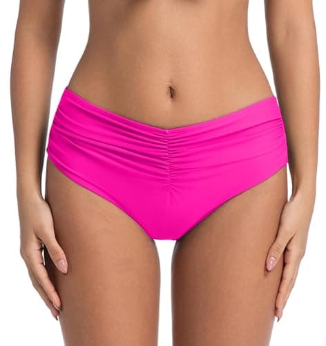 COCOPEAR Mid Rise Bathing Suit Bottoms for Women Ruched Tummy Control Swim Bottoms Full Coverage Bikini Bottoms for Women Pink L