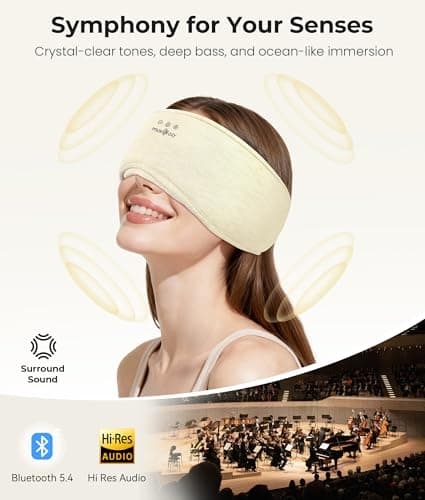 MUSICOZY Bluetooth 5.4 Sleep Headphones Eye Mask with Seaweed Fiber Cotton, Ultra Soft Fully Wrapped Sleep Mask with Headphones for Side Sleepers, 14 Hours Playtime, Gifts for Men Women, Beige - Thumbnail 4