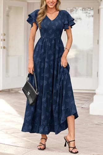 dowerme Maxi Dresses for Women 2026 Summer Ruffle Sleeve V Neck Smocked A Line Floral Boho Tiered Sundress Spring Outfit(Navy Blue,Small) - Thumbnail 4