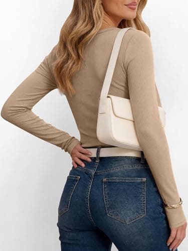 ANRABESS Women's Long Sleeve Henley Tops Light Khaki Medium - Thumbnail 3