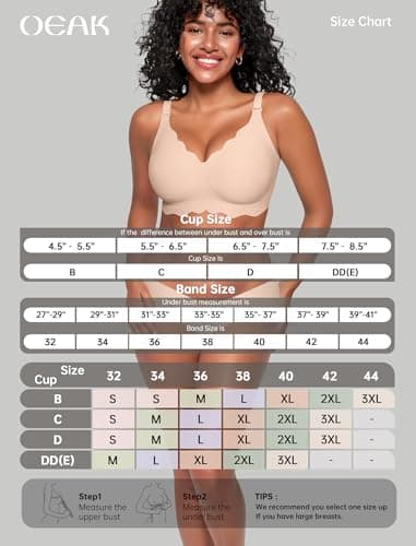 OEAK Womens Seamless Scalloped Bras No Underwire Push Up Full Coverage Bra Comfortable Soft Convertible Everyday Tshirt Bra Nude,S - Thumbnail 2