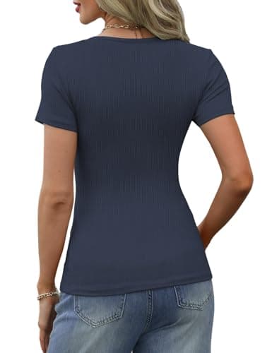 GKBK Ribbed Short Sleeve Tops for Women Henley Button Up Slim Fitted Tight Basic Tee Tshirts Cute Spring Summer Tops Blouse 2025 Trendy Outfits Dark Blue XS - Thumbnail 4
