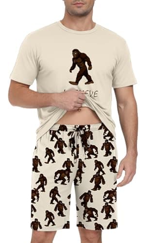 PrinStory Men's I Believe Pajama Set, Bigfoot Graphic Tee and Printed Shorts, Novelty Sleepwear Loungewear Set for Home, Sasquatch Gift, Cream XL - Thumbnail 3
