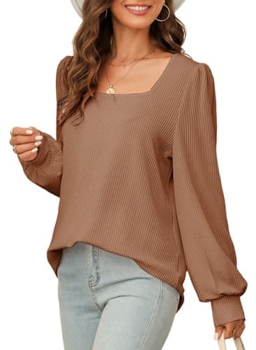 Dokotoo Women's Tops Cute Square Neck Ribbed Knitted Long Sleeve Solid Color Sweatshirt Fall Fashion 2026 Waffle Knit Shirt Tops Casual Striped Tunic Blouses Brown Small - Image 1
