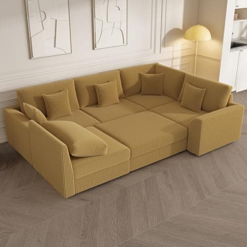 146" Modular Sectional Sofa, Oversized U Shaped Couch, Convertible Sleeper Sofa, 6 Seat Sofa with Chaise, Deep Seat Comfy Cloud Couch with Ottoman and Five Pillows for Living Room, Corduroy, Yellow - Thumbnail 3