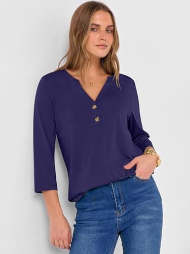 ANRABESS Women 3/4 Length Sleeve Henley Tops V Neck Business Casual Work T Shirts Cute Travel Shirt 2026 Spring Trendy Outfit Dark Blue Medium - Thumbnail 5