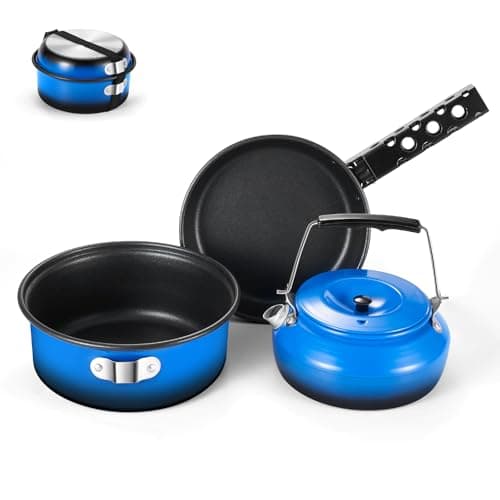 Odoland 5pcs Camping Cookware Non-Stick Camping Pot and Pan Set with Kettle and Removable Handle for Hiking Backpacking and Picnic(Blue) - Thumbnail 2