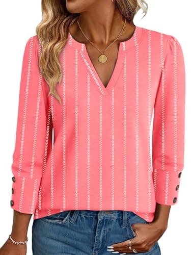 NORACORA Womens Tops 3/4 Sleeve Printed Dressy Casual Blouses for Women V Neck T Shirts Beach Vacation Boho Floral Spring Summer Outfits Pink Stripes XL - Image 1