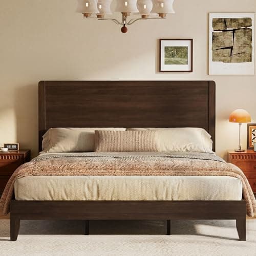 AMICLIBER Wood King Bed Frame, Platform Bed with Tall Headboard, Solid Wood Slat Support, Noise-Free Mattress Foundation, No Box Spring Needed, Easy Assembly, Brown