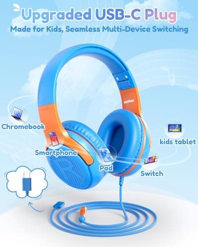 awatrue USB-C Kids Headphones with Mic - 85/94dB Volume Limiter, Foldable Wired Toddler Headphones for Boys & Girls, Over-Ear Type-C Kid Headphones for School, Travel, lPad, Tablet & Smartphones - Thumbnail 2
