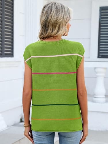 Bellcoco Womens Cap Sleeve Summer Tops Striped Sweater Vest Lightweight Casual Crewneck Loose Knit Pullover Tank Top Beach Vacation Outfits Green XXL - Thumbnail 4