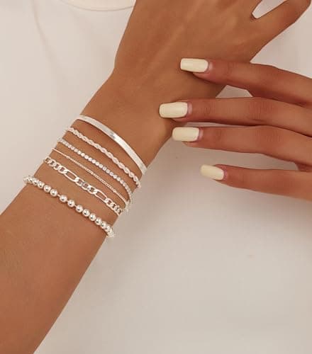 A ALARTAN Gold Bracelets for Women 14K Gold Plated Stack Trend Bracelets Charm Paperclip Chain Bracelet (6Pcs Beaded Silver) - Thumbnail 2