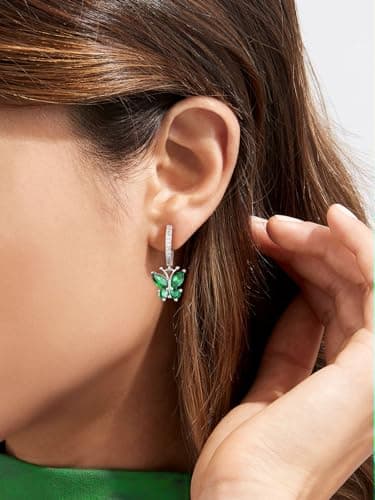 Bestyle Flying Butterfly Earrings for Women - Sterling Silver Green Emerald Earrinmg Emerald Birthtone Animal Butterflies Dangle Earring Crystal Birthday Mothers' Day Jewelry Gifts - Thumbnail 4