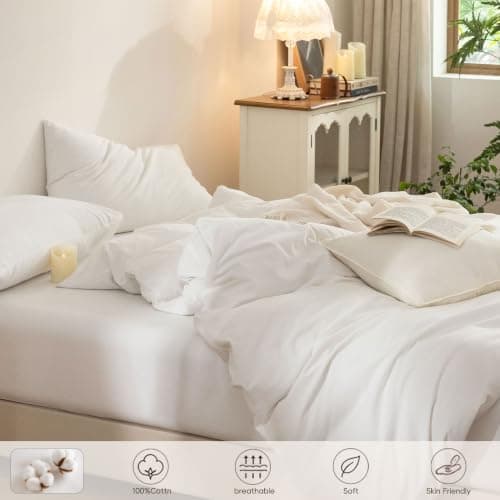 ELIMMO California King Duvet Cover - 3 Piece 100% Washed Cotton Linen Feel Bedding Set, All Season Durable Breathable Comfy Minimalist, Off White 104" X 98" - Thumbnail 2