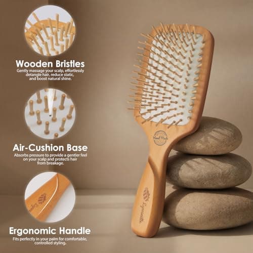 Wooden Bristle Hair Brush for Women & Men, Smoothing Hair Brush for Scalp Massage & Detangling, Wooden Brush that Reduces Static & Breakage for Thin, Thick, Fine, Curly Hair - Thumbnail 2