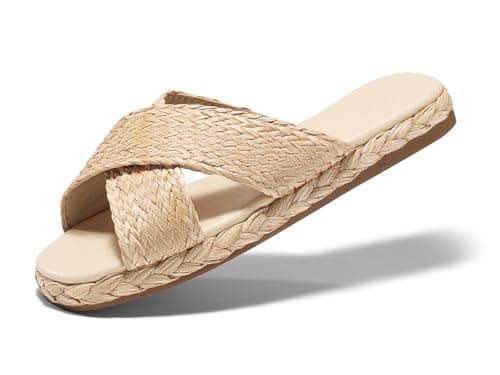 Coutgo Womens Flat Sandals Espadrilles Raffia Open Toe Slides Cross Strap Slip On Summer Dressy Beach Shoes,Size Fits Large - Image 1