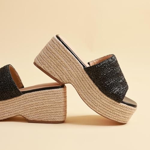 EQAUDES Summer Platform Wedge Sandals Comfortable Dressy Sandals Black Espadrille Sandals for Women Cute Beach Vacation Sandal Woven Straw Raffia Sandal - Thumbnail 4