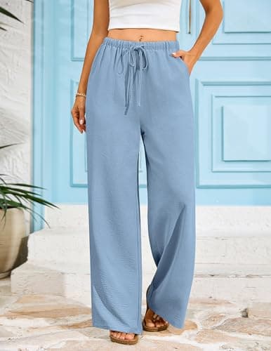 LOOKBOHO Women's Wide Leg Beach Pants Elastic Waist Lightweight Casual Flowy Palazzo Lounge Trousers with Pockets Grey Blue XL - Thumbnail 4