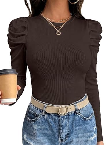 ANRABESS Womens Puff Long Sleeve Shirts, Comfy Stretchy Ribbed Knit Fitted Tops, Trendy Fall Winter Tee for Work & Casual Coffee X-Small - Image 1
