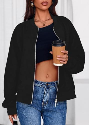 Lazysmile Women's Faux Suede Bomber Jackets Fall Fashion Outfits Winter Clothes Stand Collar Zip Up Coats Outwear with Pockets - Thumbnail 3