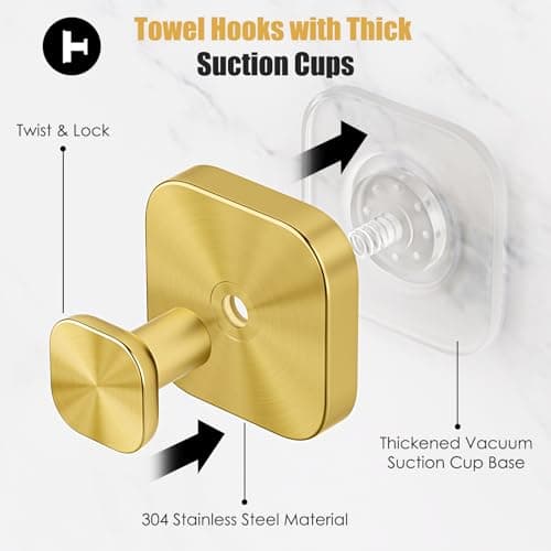 MOTAIPEAK Suction Cup Hooks for Shower, Shower Hooks for Inside Shower, No Drill Strong Hold Towel Hooks, Waterproof Removable Hooks for Bathroom Wall, Glass, Tile, Door – Gold (4 Pack) - Thumbnail 3