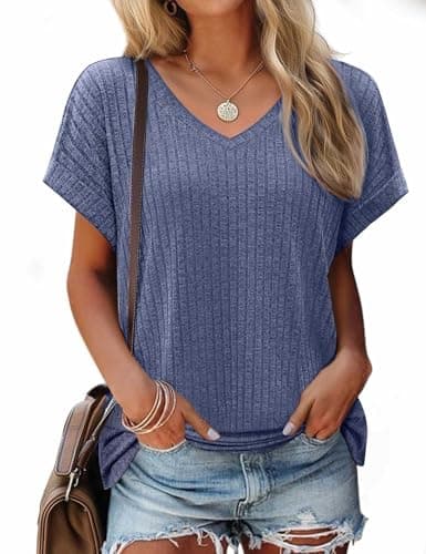 JUSTFASHIONNOW Summer Tops for Women 2026 Short Sleeve V Neck Shirts Trendy Side Split Basic Tees Spring Dressy Casual Outfits Blue S - Image 1