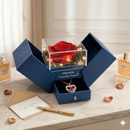 Kruckel Preserved Red Roses with Heart I Love You Promise Necklace, Romantic Eternal Flower, Mothers Day Gifts Valentines Day Anniversary Birthday Gifts for Women Wife Girlfriend Mom - Thumbnail 3