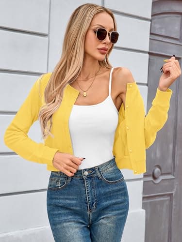 Heymoments Women Cropped Cardigan Bolero Shrug Yellow Large Button Down Long Sleeve Crewneck Casual Business Ladies Open Front Knit Lightweight Coat Fall Tops Sweater for Dresses Jean - Thumbnail 2