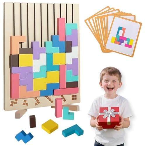 FAMCHAINS Wooden Block Stacking Puzzle Toy, Sliding Tiles Game, Russian Block Game with Pattern Cards, Stress Relief Toy,Giant Jigsaw Puzzle Board