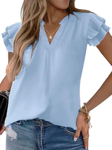 Sucolan Summer Tops for Women Sexy V Neck Ruffle Sleeve Flowy Shirts Dressy Casual Ladies Cute Blouses Light Blue XL - Image 1