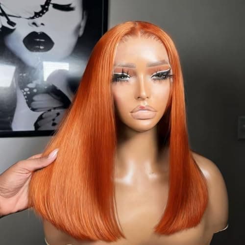Thusiae 250% Density Ginger Bob Wig Human Hair 13x4 HD Lace Closure Wig Orange Bob Human Hair Wig with Baby Hair Short Straight Bob Colored Wig for Women 14 Inch - Thumbnail 6