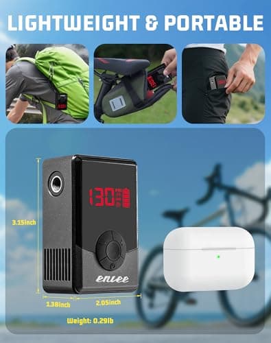 ENLEE Mini Electric Bike Pump, Portable Rechargeable Bike Pump with Gauge, 130PSI Fast Inflate Digital Bike Air Pump with Presta & Schrader Valve for MTB Road E-Bike, Motorcycle, Ball, Auto Stop - Thumbnail 4