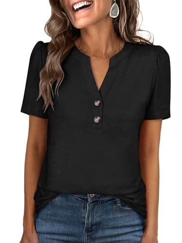 ANRABESS Womens Tops Business Casual 2026 Spring Short Sleeve Henley V Neck Shirts Dressy Work Blouse Summer Trendy Clothing Black Medium - Image 1