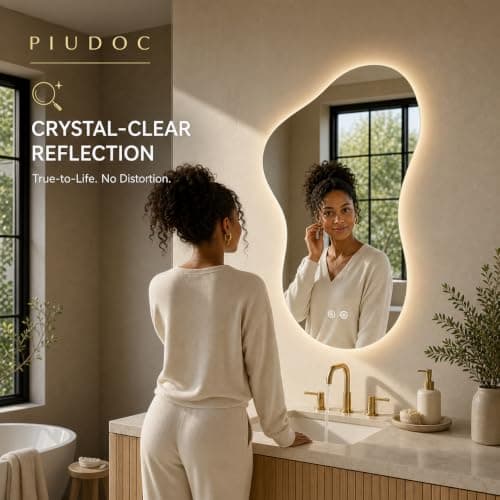 PIUDOC 24×36 Irregular Backlit Mirror Asymmetrical Bathroom Mirror with Lights LED Dimmable Mirror for Bathroom Makeup Area - Thumbnail 5