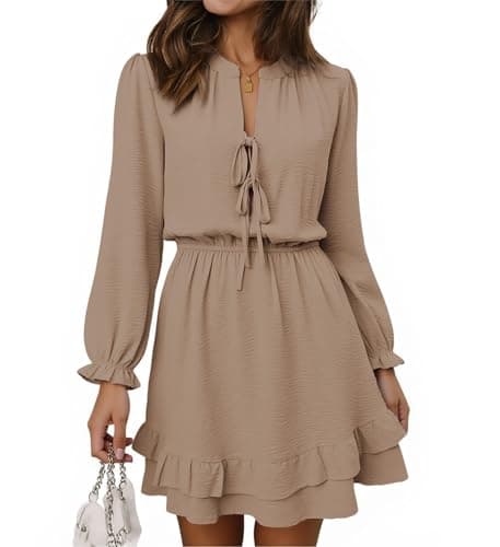 Angashion Women's Tie Front Mini Dress: V Neck Long Sleeve Layer Ruffle Hem Dress Casual Vacation with Pockets Khaki Large