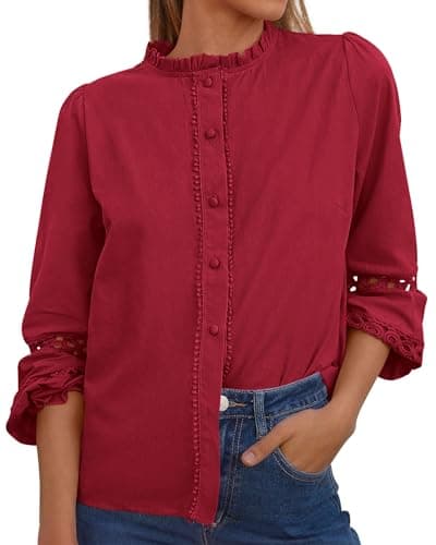 KIRUNDO Going Out Tops for Women 2026 Spring Fashion Boho Cotton Eyelet Long Sleeve Button Up Shirt Lace Dressy Casual Blouse(Dark Red, Medium) - Image 1