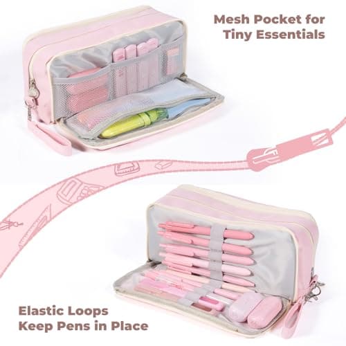 Four Candies Pink Pencil Case 3 Compartment, Large Pencil Pouch with Removable Handle & Zipper, Cute Stationery Organizer Big Pencil Case for Markers, Pencil Bag for Office College, Pink - Thumbnail 4