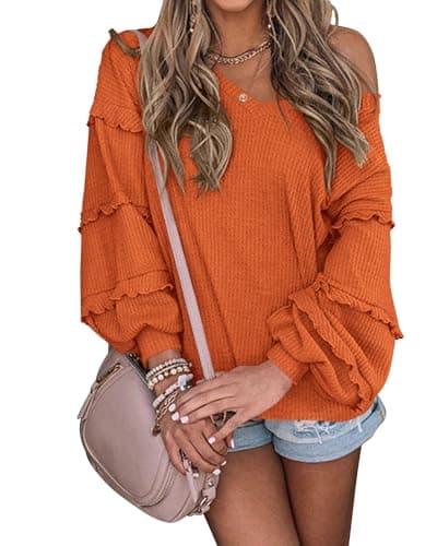BTFBM Women's Tops Fall 2025 Long Sleeve V Neck Blouse Loose Fit Tunics Ruffles Waffle Knit Solid Tee Shirts(Orange,Medium) - Image 1