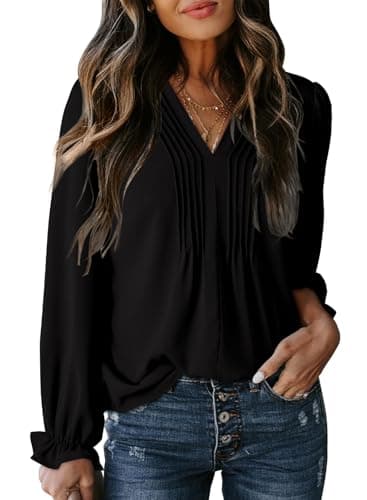 Dokotoo Womens Blouse Casual Basic Pleated Tops Long Puff Sleeve Fall Blouses Sexy V-Neck Loose Fit Black Shirt for Women 2026 Fashion Business Outifits Medium - Image 1