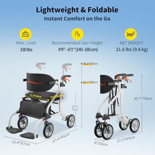 PilotMobi 2-in-1 Walker and Transport Wheelchair Combo, Lightweight Foldable Mobility Rollator Chair for Seniors, Pre-Assembled 17 lbs Travel Chair with 8" All-Terrain Wheels, Support 300 lbs - Thumbnail 4