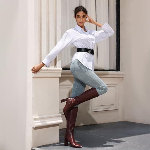 Meolee Knee High Boots for Women Chunky High Heel Long Boots Pointed Toe Leather Boots with Side Zipper - Thumbnail 3