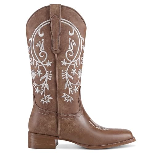 UJPFEO Cowboy Boots for Women Mid Calf Cowgirl Boots Square Toe Pull On Low Chunky Heel Embroidery Western Boots - Thumbnail 4
