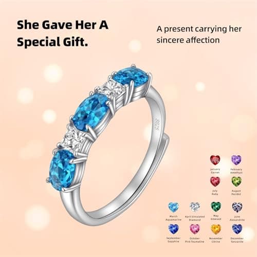 925 Sterling Silver Birthstone Rings for Women - Adjustable Size Women Jewelry Birthday Gifts for Girlfriend,Wife,Mom (12 - Blue Topaz) - Thumbnail 3